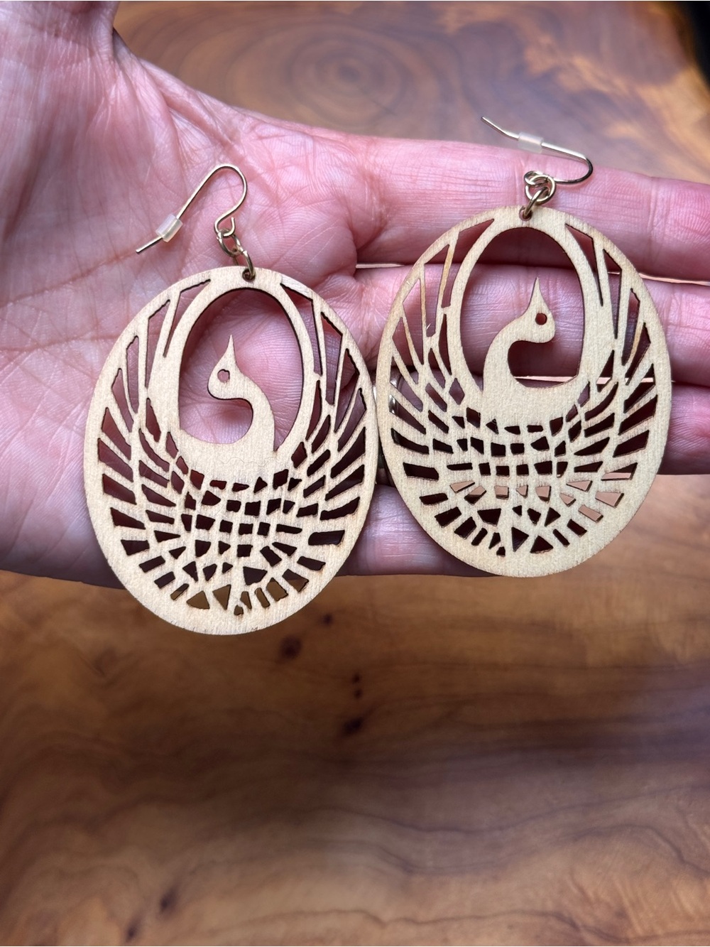 Laser-Cut Wooden Swan Drop Earrings - Natural Wood Tone